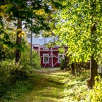 Solen silar ner över vägen från Gamlastugan